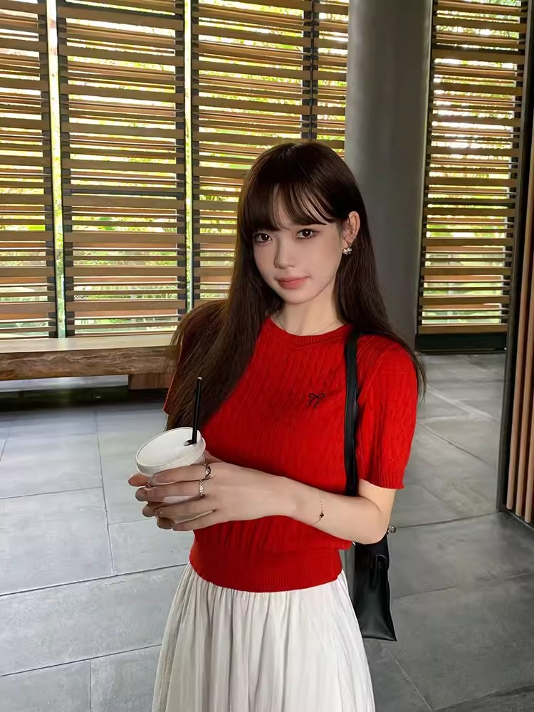Official photo # Core-spun yarn short-sleeved t-shirt women's design bow embroidered round neck short knitted top