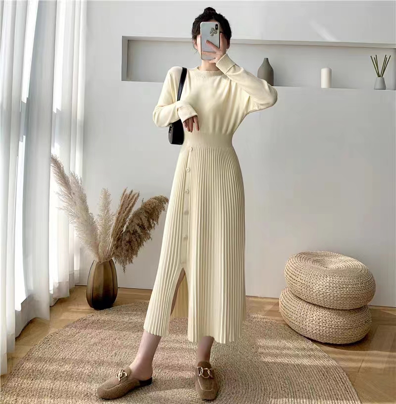 Half turtleneck mid-length sweater dress for women over the knee, knitted dress with coat underneath, autumn and winter