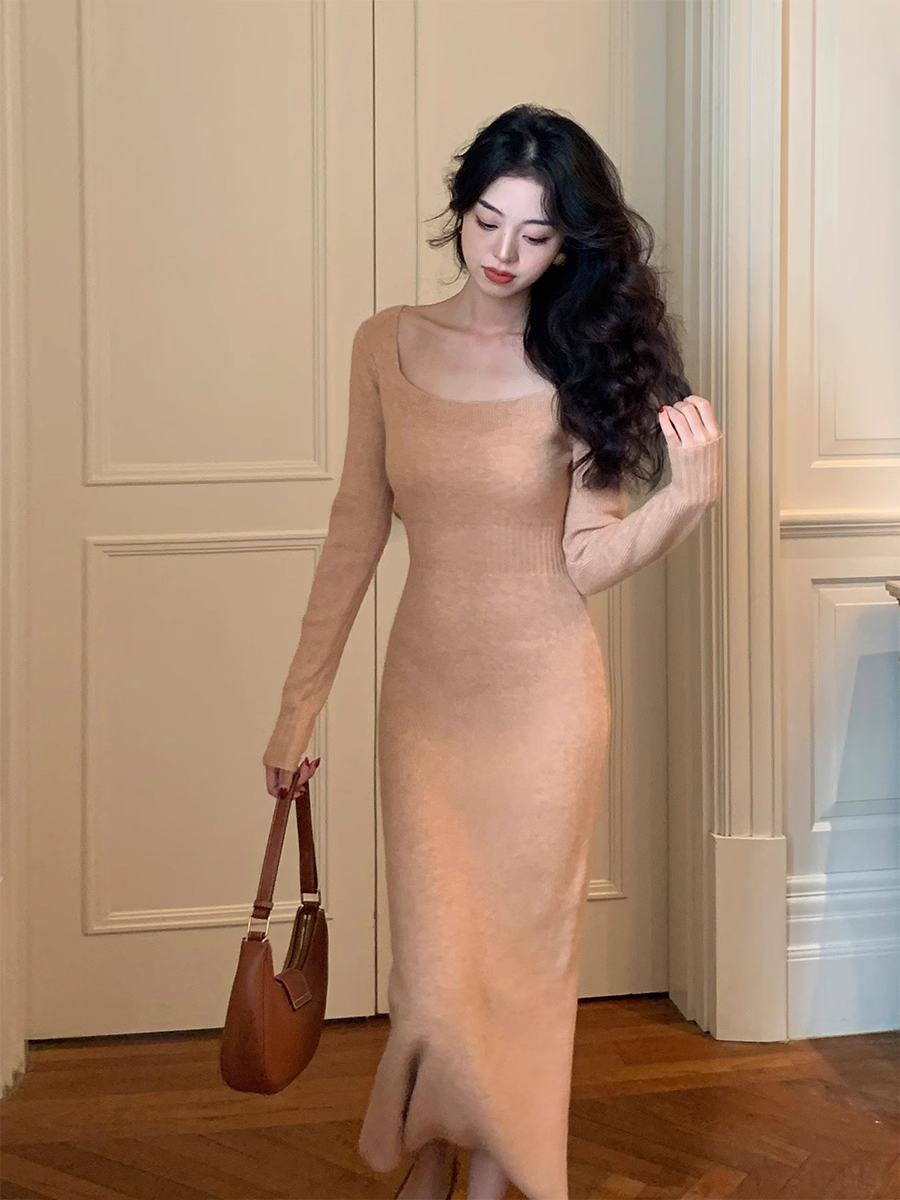 7 Colors Gentle Square Neck Waist Knitted Dress Women's Autumn and Winter Retro Style Slim Fit Long Skirt