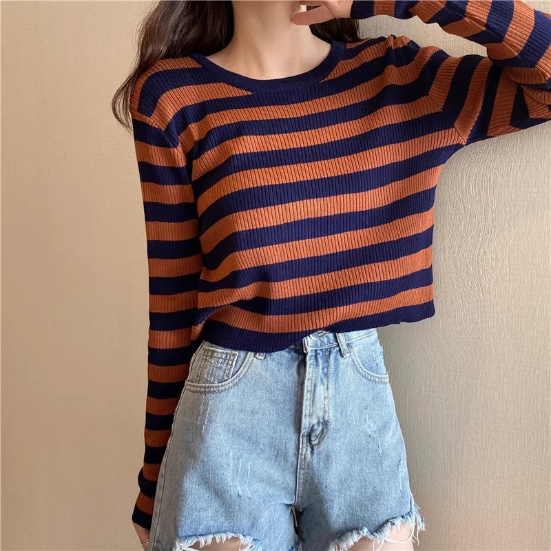 Korean fashionable striped long-sleeved T-shirt for women early autumn American retro slim-fitting shirt hot girl sweater top