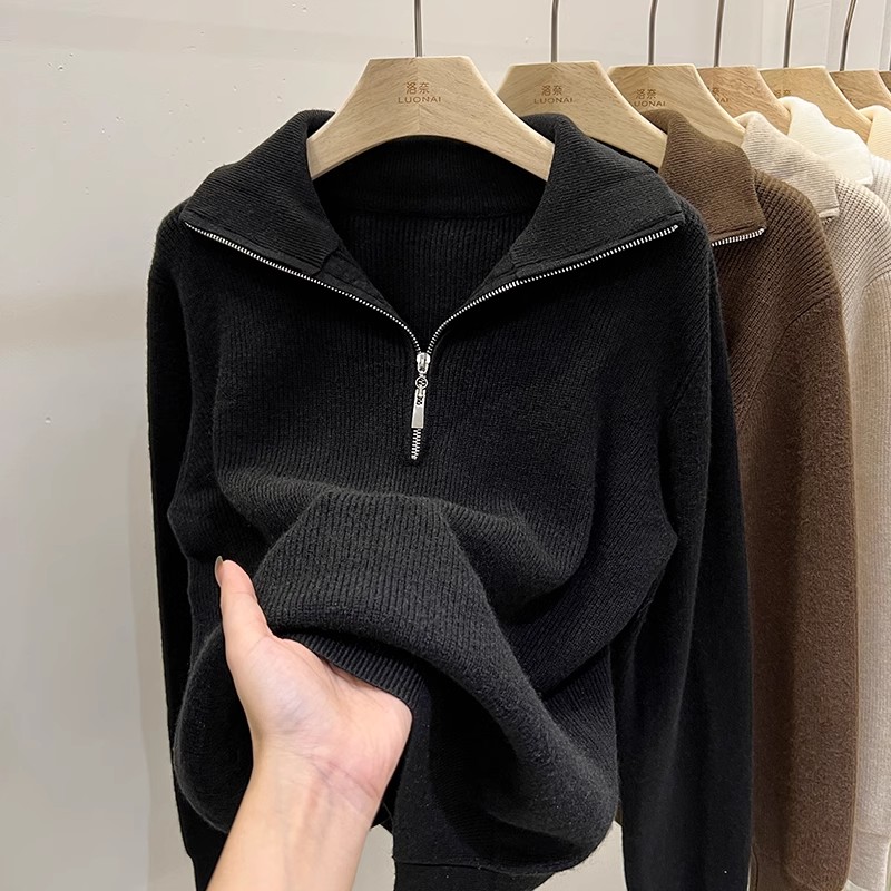 Half zipper loose sweater jacket for women autumn and winter  new design niche slimming thickened bottoming shirt top