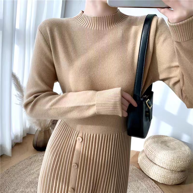 Half turtleneck mid-length sweater dress for women over the knee, knitted dress with coat underneath, autumn and winter