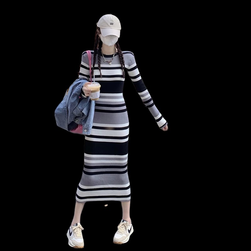 Large quantities of Tmall quality striped knitted dress mid-length over-the-knee sweater base skirt