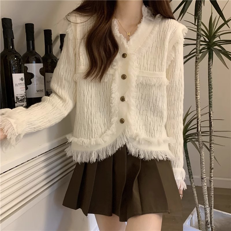 Temperament small fragrant v-neck tassel sweater jacket for women in autumn and winter unique design irregular loose knitted cardigan