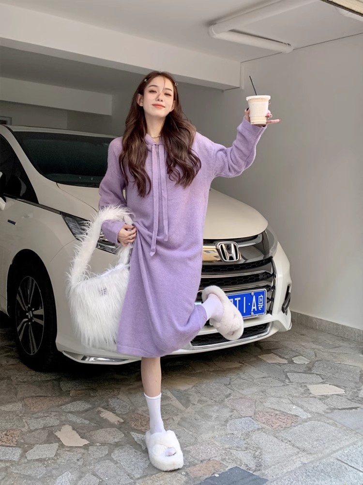 Original quality retro long-sleeved knitted dress for women autumn and winter purple gray lazy style sweater dress bottoming skirt