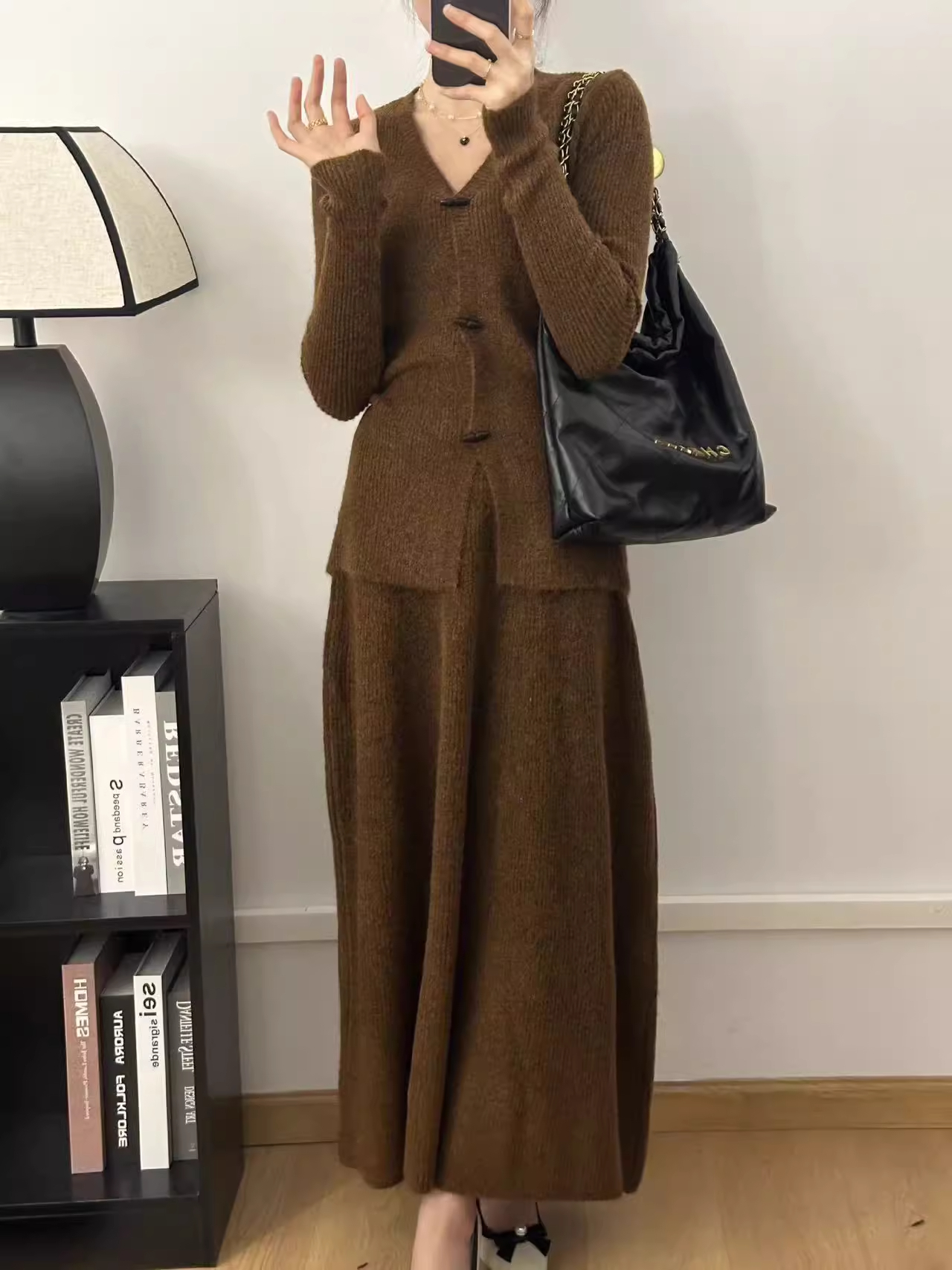 Lazy style solid color temperament horn button sweater women's autumn and winter elastic high waist loose long skirt knitted two-piece set