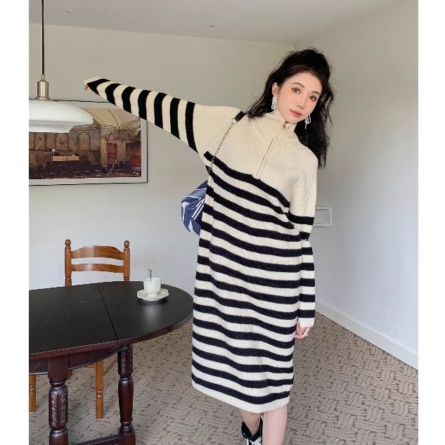 A large number of Tmall quality loose and thickened long knee-high striped knitted sweater dress long skirt