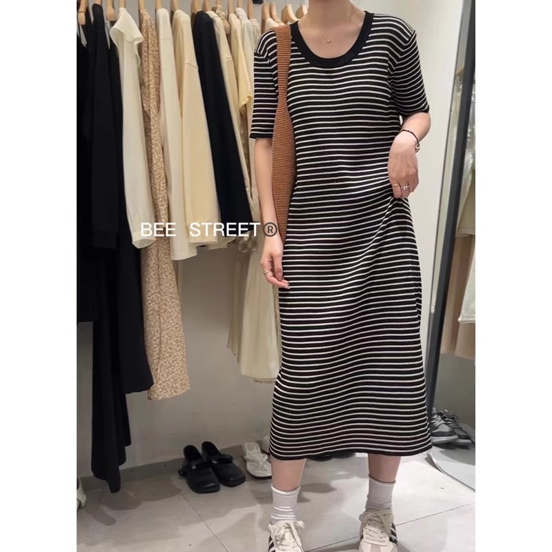 Black dress for women summer new style pullover mid-length striped loose t-shirt dress for petite women