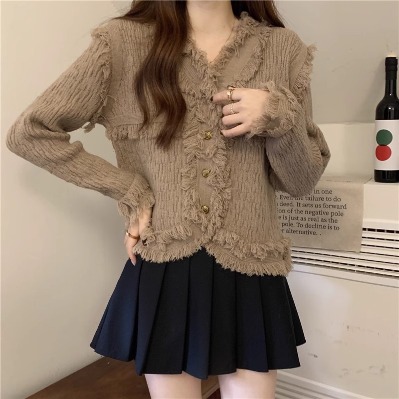 Temperament small fragrant v-neck tassel sweater jacket for women in autumn and winter unique design irregular loose knitted cardigan