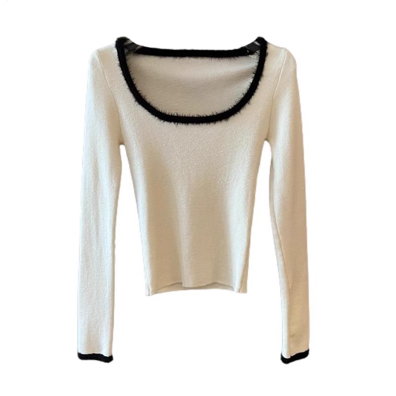 fancccy Black patchwork mink velvet U-neck sweater for women with long sleeves and slim fit sweater bottoming top