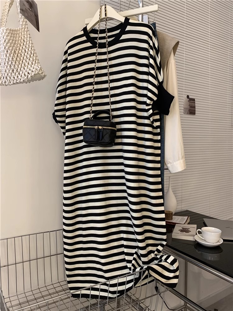 Design niche striped bat short-sleeved dress women's summer new mid-length lazy T-shirt dress