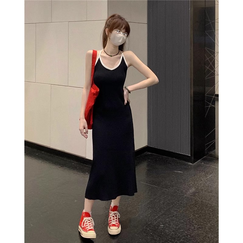 Pure lust style suspender dress for women spring 2024 new contrasting color backless design slim and slim hip skirt