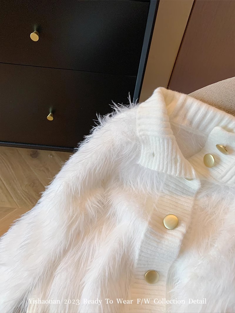 White small fragrance style thickened imitation mink wool sweater cardigan for women  autumn and winter furry and soft waxy knitted jacket