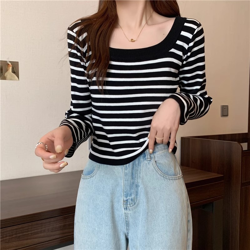 French U-neck black and white striped long-sleeved T-shirt autumn and winter tops for women new Korean style light and sophisticated style inner base sweater