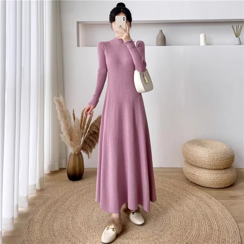 Half turtleneck bottoming knitted dress women's autumn and winter new style slimming extra long sweater dress long skirt