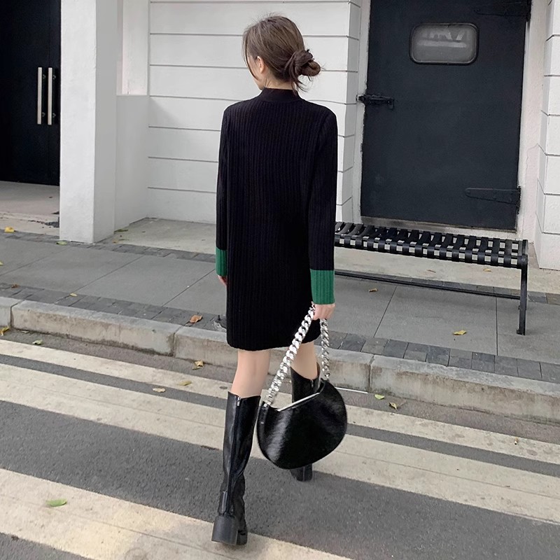 Half turtleneck knitted dress for women, autumn and winter bottoming skirt, loose sweater for small people, mid-length sweater skirt