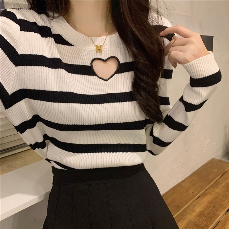 Black and white striped hollow sweater and sweater for women in autumn and winter new style chic slim bottoming shirt with long-sleeved top