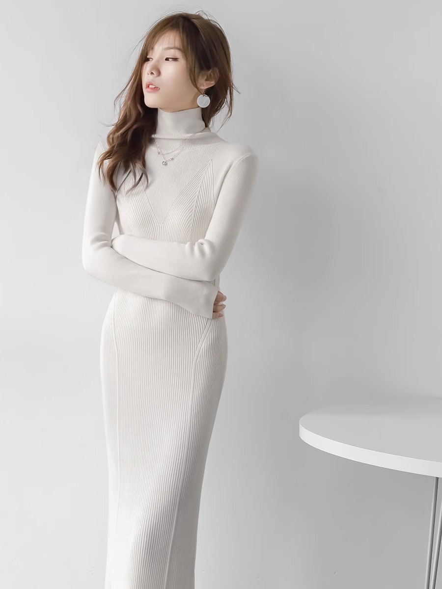 French high collar knitted dress for women winter new mid-length pile collar elegant and versatile bottoming skirt