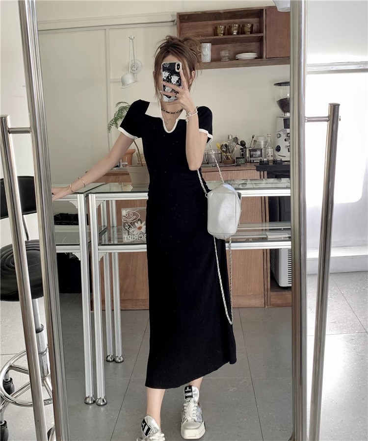 Black Lapel Short Sleeve Dress Women's 2024 New Slim Fit Long Skirt Summer Hot Girl A-Line Skirt