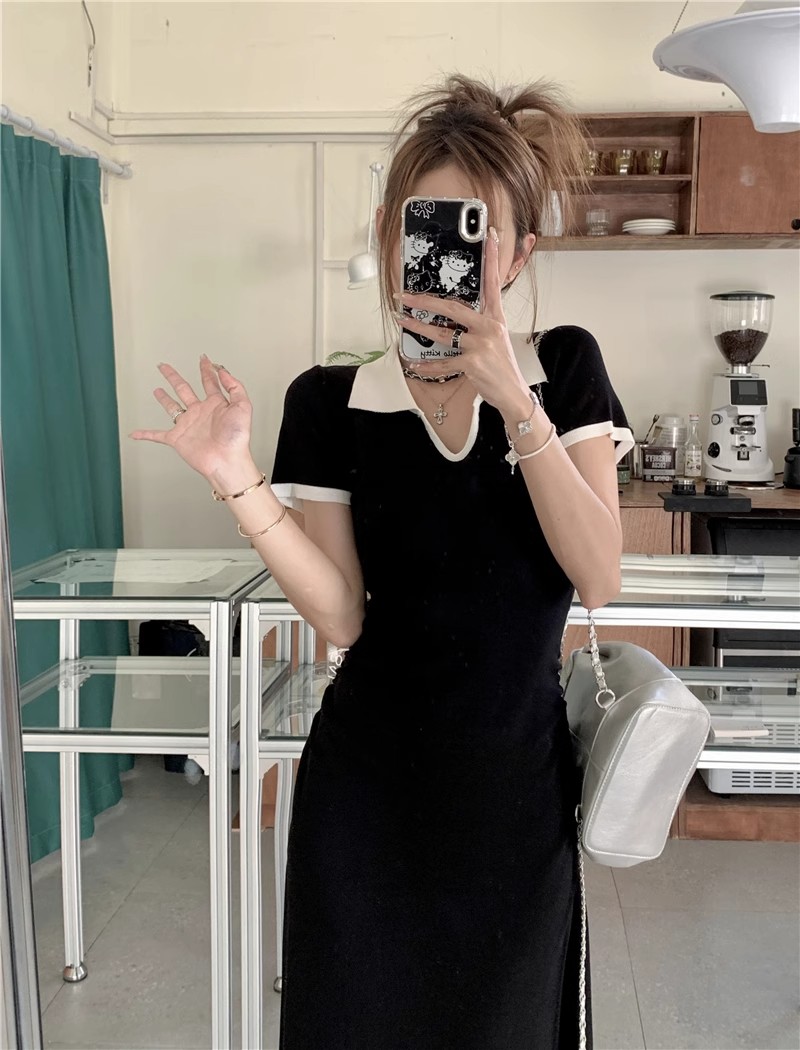 Black Lapel Short Sleeve Dress Women's 2024 New Slim Fit Long Skirt Summer Hot Girl A-Line Skirt