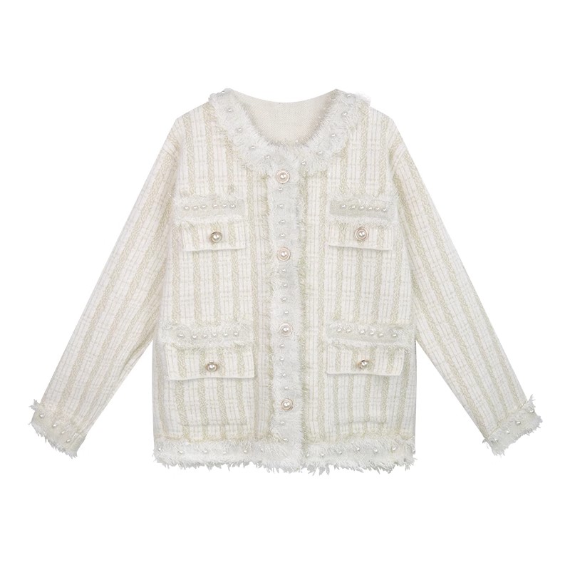 Xiaoxiangfeng knitted cardigan women's winter wear tassel pearl button top women's outer sweater lazy style jacket