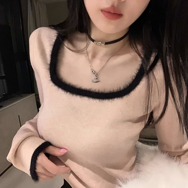 Design niche sweater women's autumn and winter style square collar slim short style inner long-sleeved bottoming sweater top