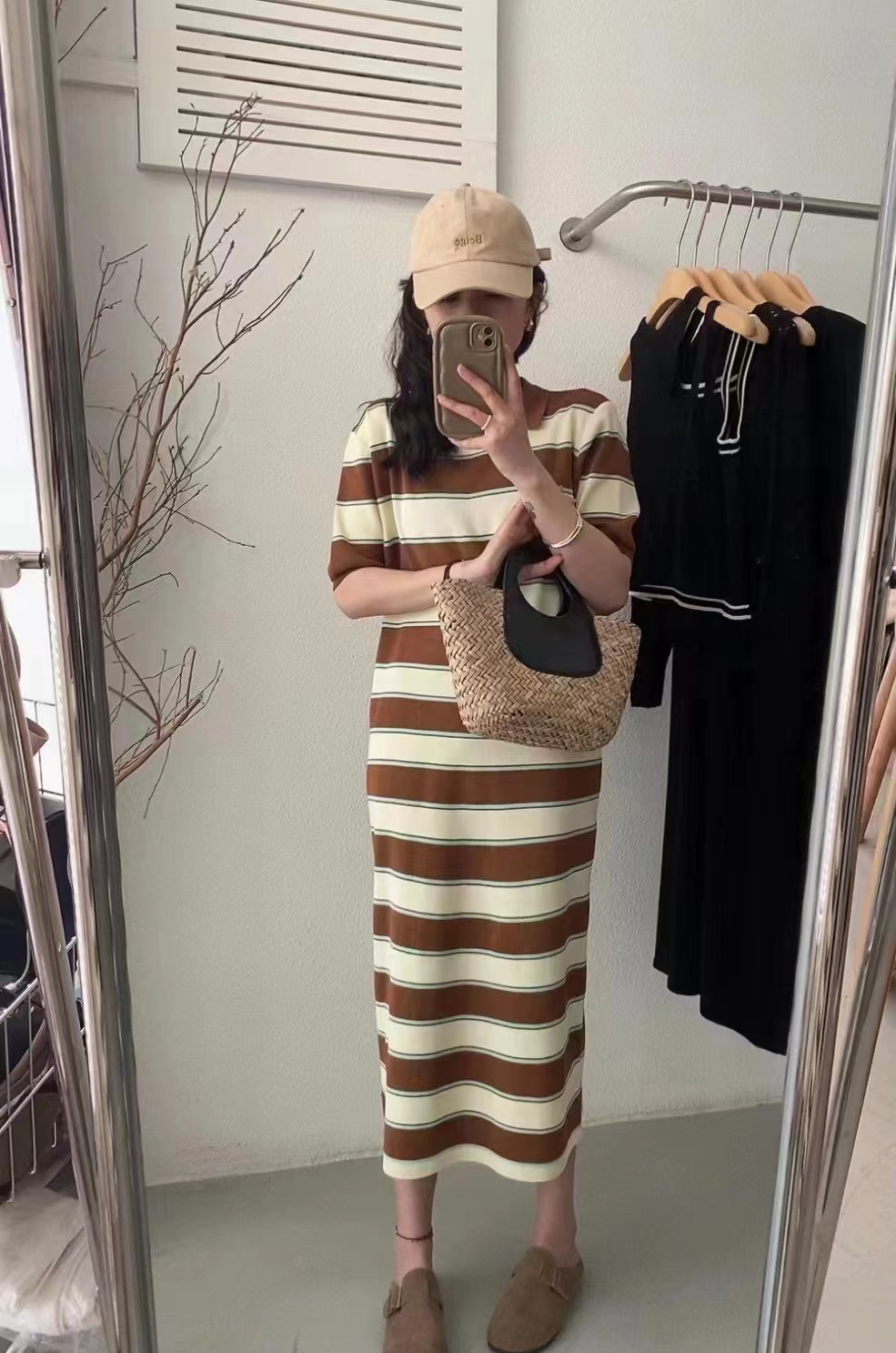 Loose ice silk knitted long knee-length striped contrast dress