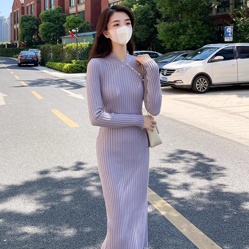 New Chinese style improved cheongsam with knitted dress for women autumn and winter slim fit mid-length slit sweater skirt