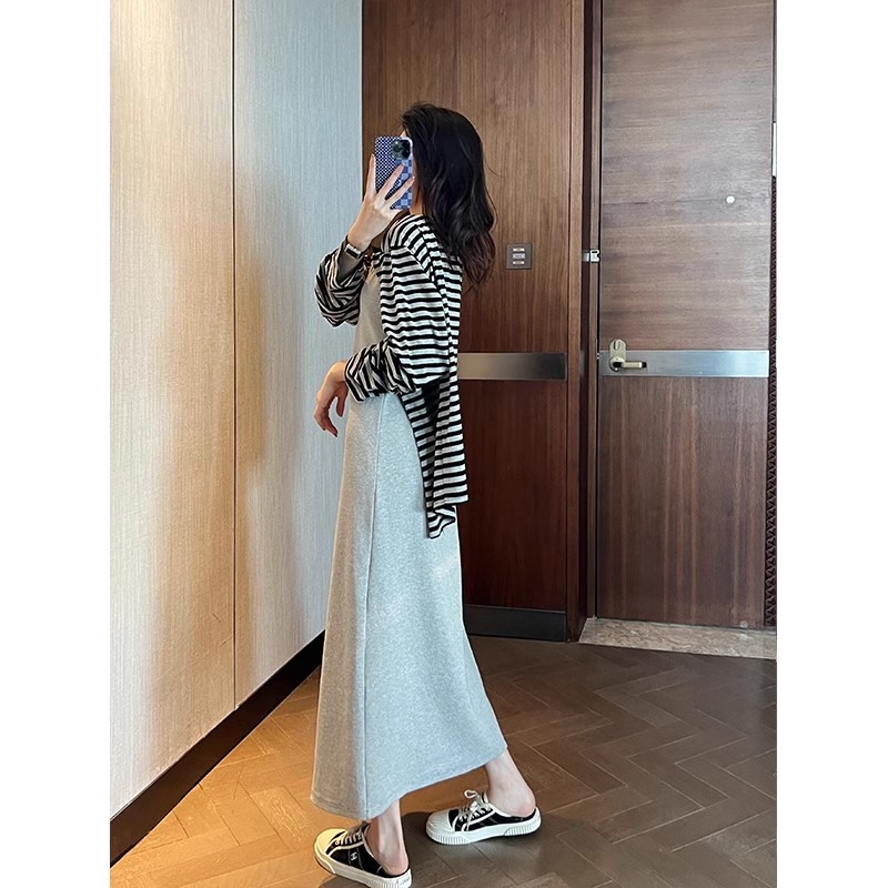 2024 new Korean style casual dress mid-length two-piece set for women spring and summer slim floral gray first love style