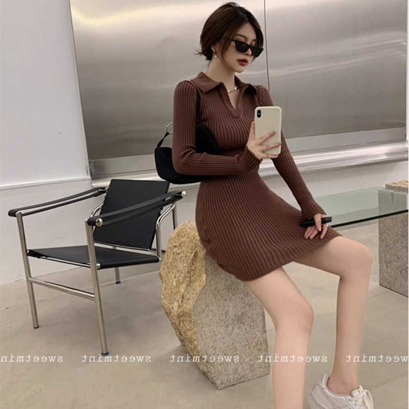 Autumn and winter 2024 new French retro polo collar knitted dress with sweater bottoming tight hip skirt