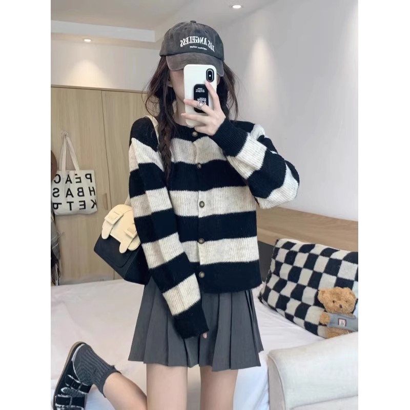 Tmall quality loose lazy style striped thick outer sweater jacket women's short cardigan