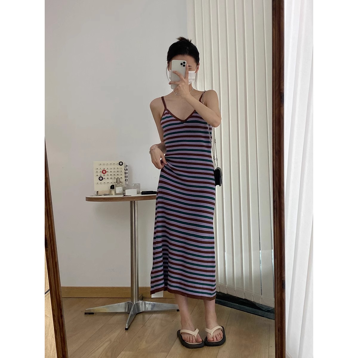 Dress Women's 2024 Spring and Summer Korean Style Straight Loose Slim Student Suspender Striped Knitted Skirt