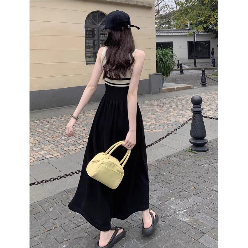 French gentle style splicing zipper sleeveless striped dress women's summer waist slimming long skirt vest skirt