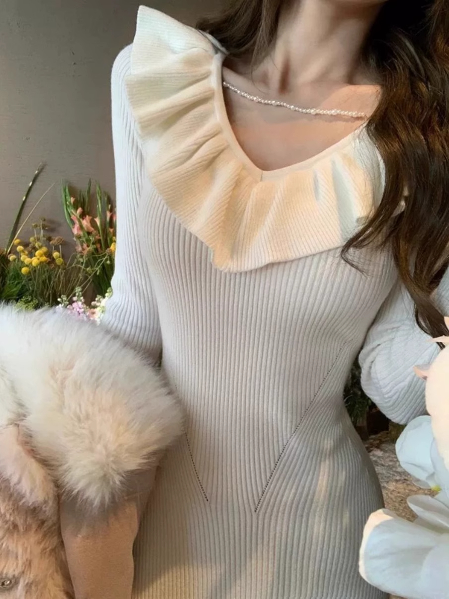 French gentle style ruffled knitted dress for women in autumn and winter with temperament and slim long fishtail sweater dress