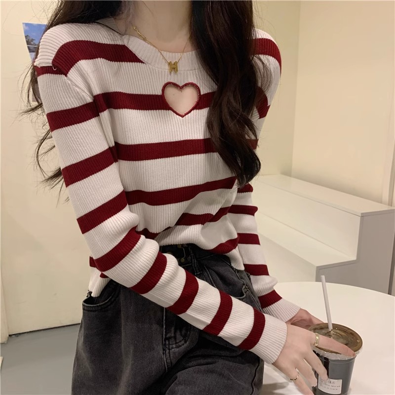 Black and white striped hollow sweater and sweater for women in autumn and winter new style chic slim bottoming shirt with long-sleeved top