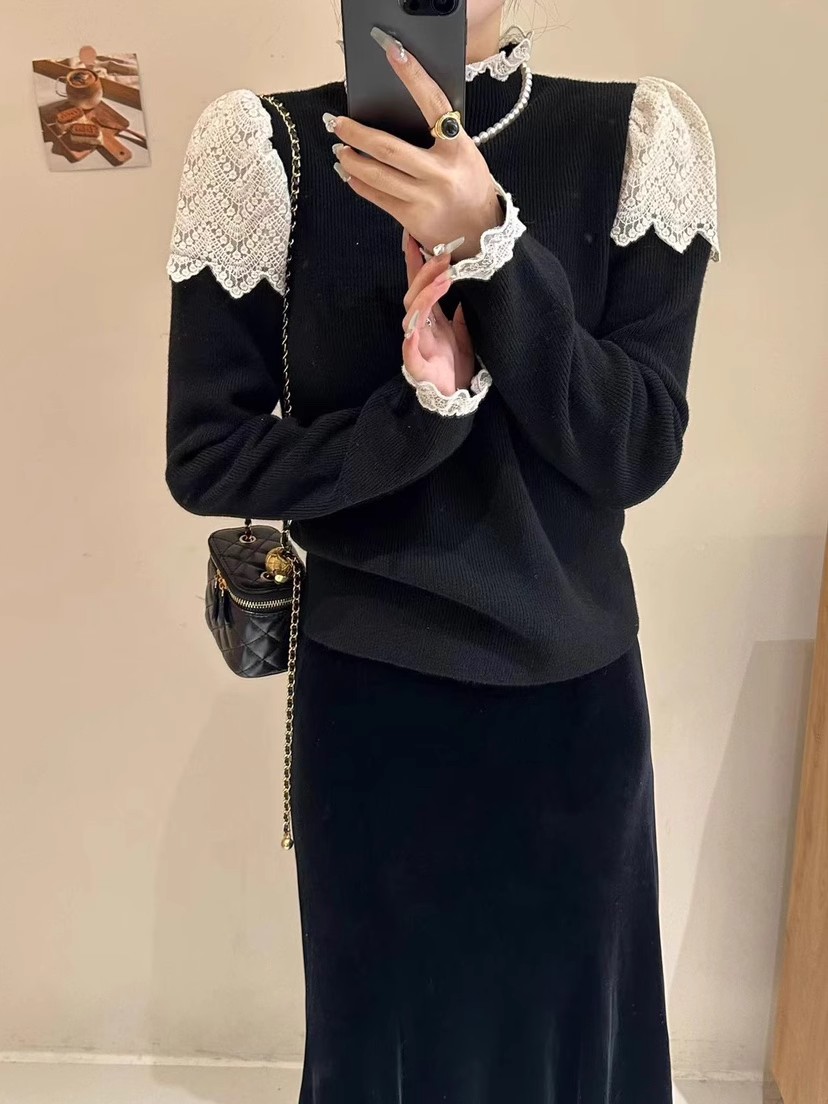 Low returns, good live broadcast style, niche design, wool half turtleneck, lace edge knitted sweater bottoming shirt top