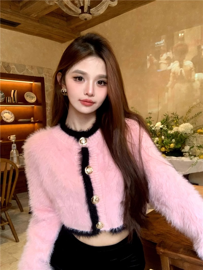 Xiaoxiangfeng imitation mink velvet sweater for women autumn and winter pure desire French socialite short fur top knitted cardigan jacket