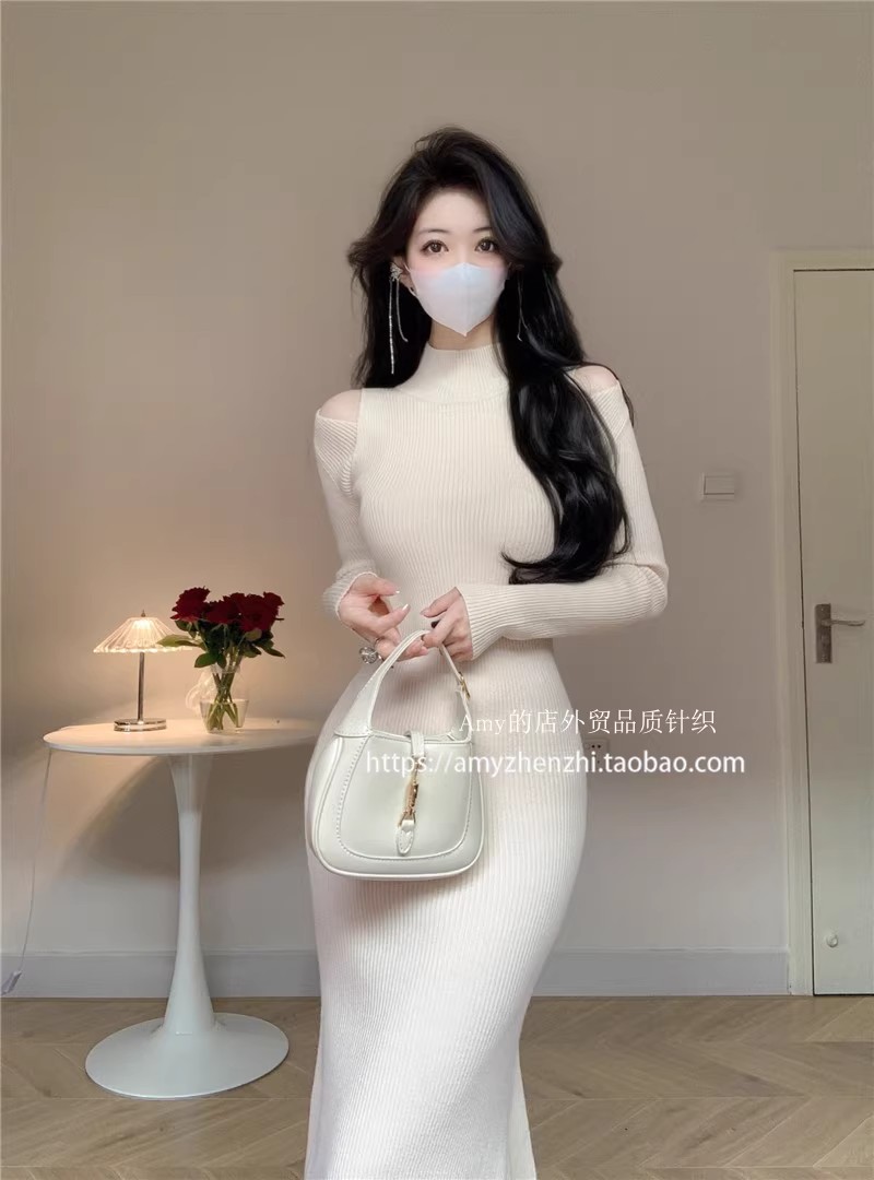 Foreign trade quality knitted dress, slim fit, hip-hugging skirt, long half turtleneck slit sweater skirt