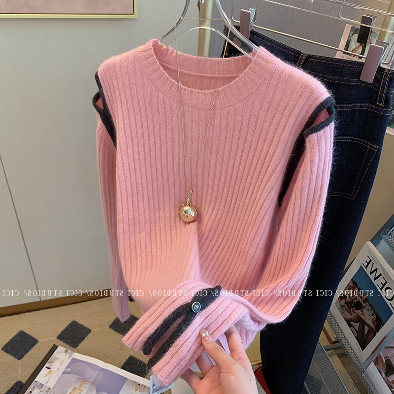 Hollow off-shoulder pullover sweater for women, spring and autumn inner layering shirt, slim fit, long-sleeved wool top