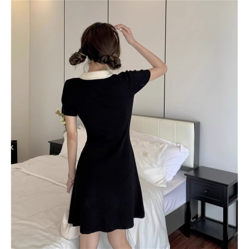 Contrast color polo collar knitted dress for women summer Hepburn style little black dress slim waist small A-line skirt