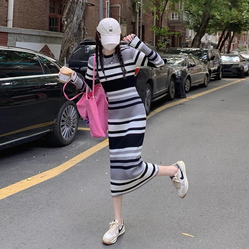 Large quantities of Tmall quality striped knitted dress mid-length over-the-knee sweater base skirt