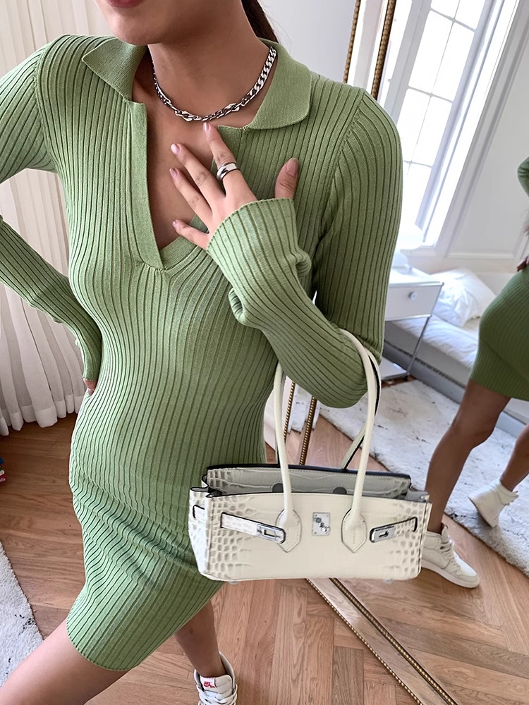 Polo collar short slim fit hip-hugging knitted sweater bottoming dress