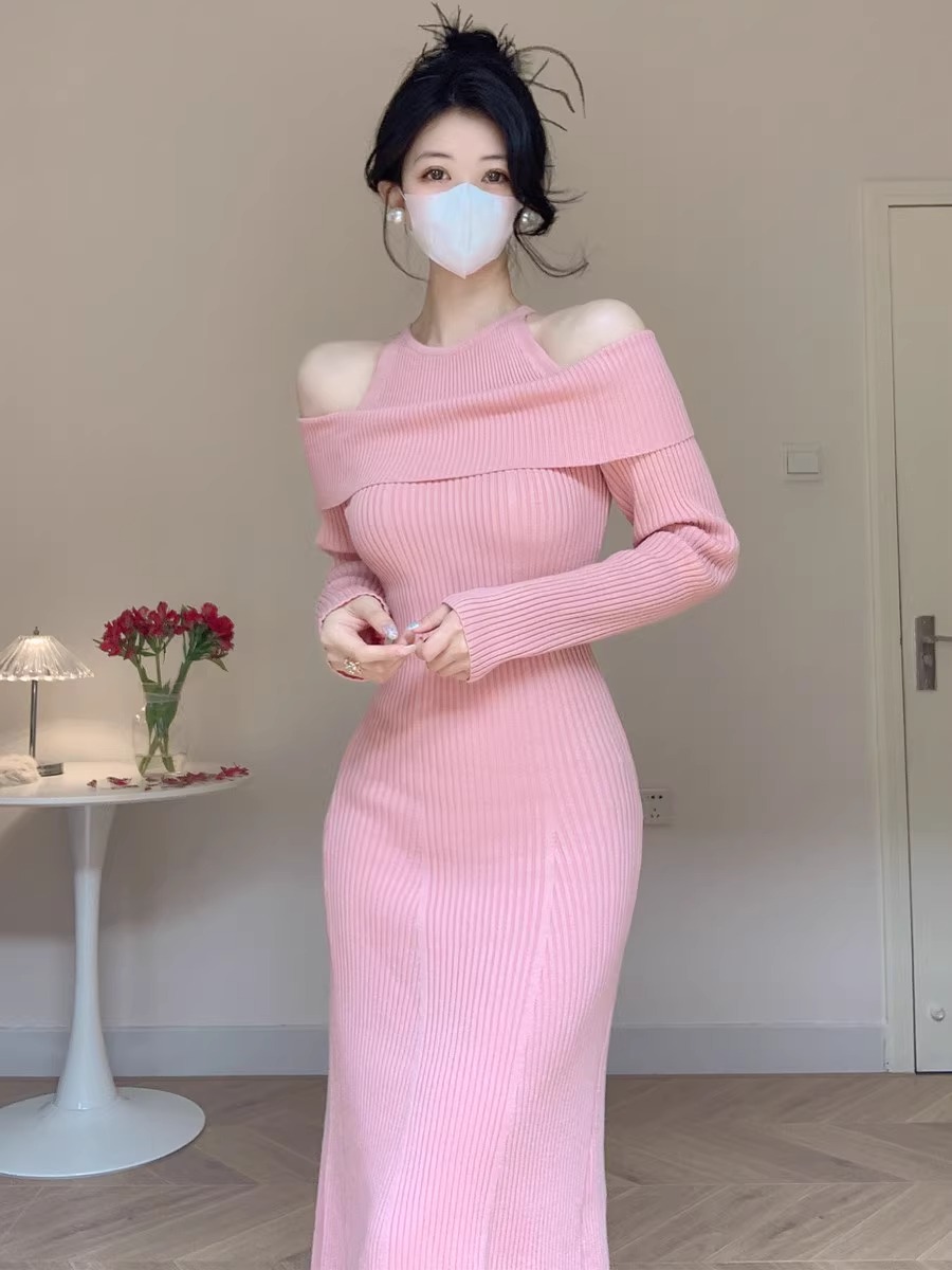 Foreign trade quality knitted autumn and winter new off-shoulder fake two-piece one-shoulder slim knitted fishtail long skirt