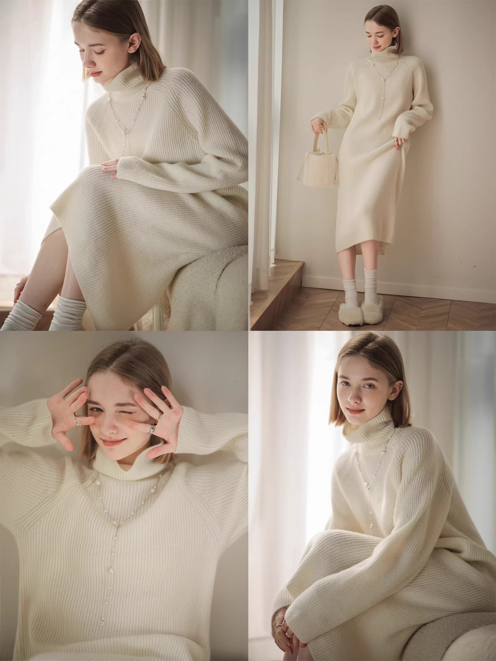 Loose and lazy mid-length over-the-knee high-neck white knitted sweater bottoming dress for women in autumn and winter