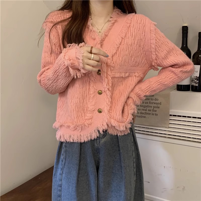 Temperament small fragrant v-neck tassel sweater jacket for women in autumn and winter unique design irregular loose knitted cardigan