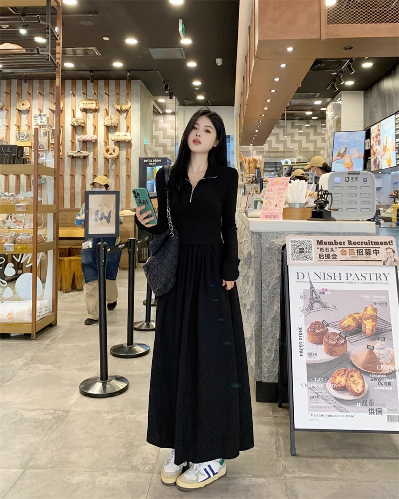 French-style high-end black dress for women in autumn and winter Hepburn style slim and slim long skirt