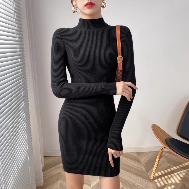 Half turtleneck knitted dress for women 2024 autumn and winter slim fit short Barbie pink hip-hugging sweater short skirt