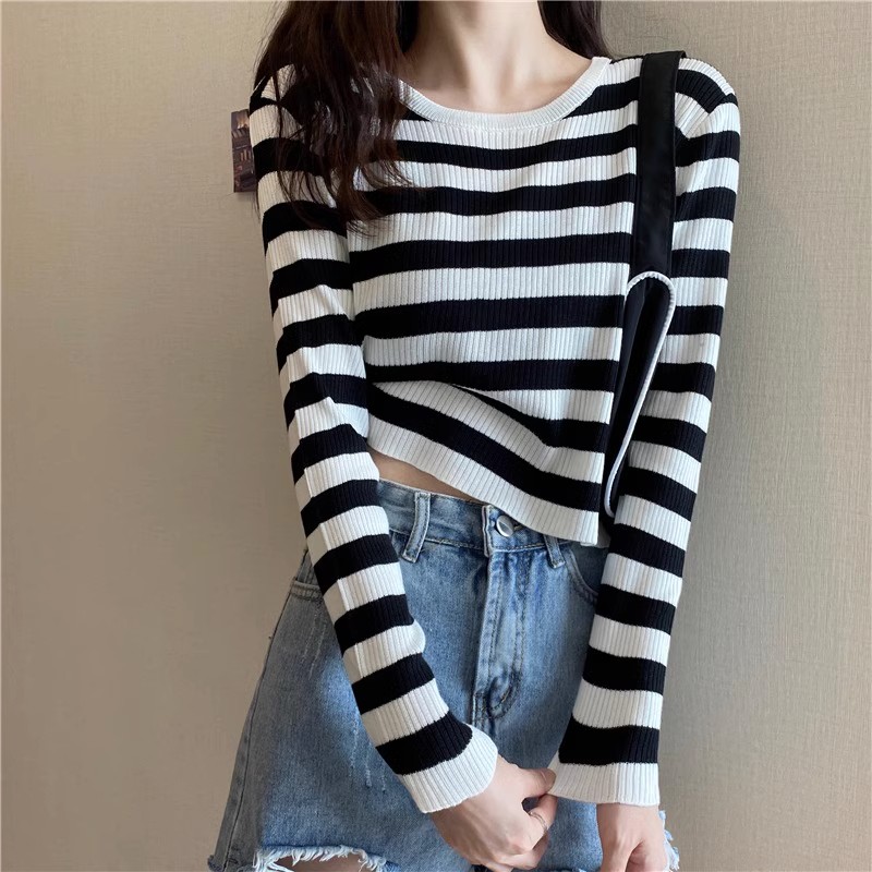 Korean fashionable striped long-sleeved T-shirt for women early autumn American retro slim-fitting shirt hot girl sweater top