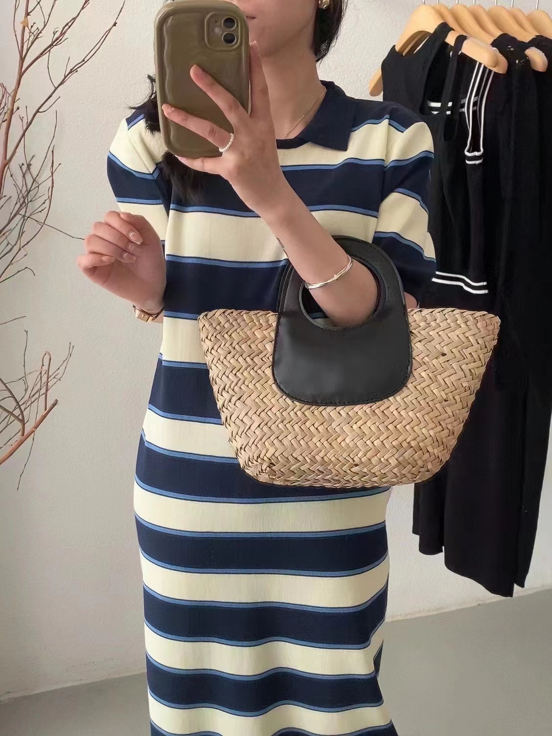 Loose ice silk knitted long knee-length striped contrast dress