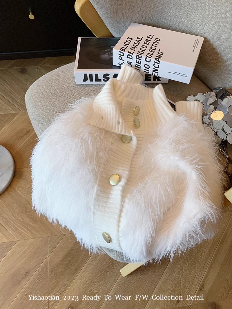 White small fragrance style thickened imitation mink wool sweater cardigan for women  autumn and winter furry and soft waxy knitted jacket